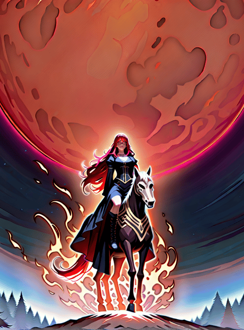 woman, horse, forest, moon, flames