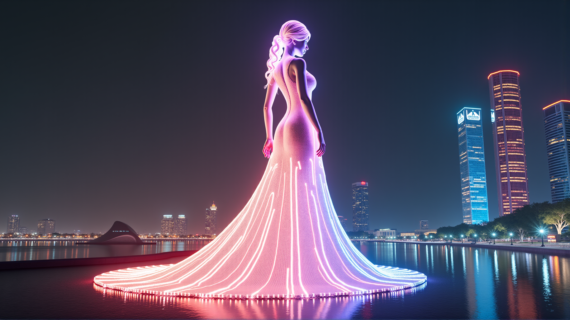 AI generated wallpaper featuring woman, dress, cityscape, water