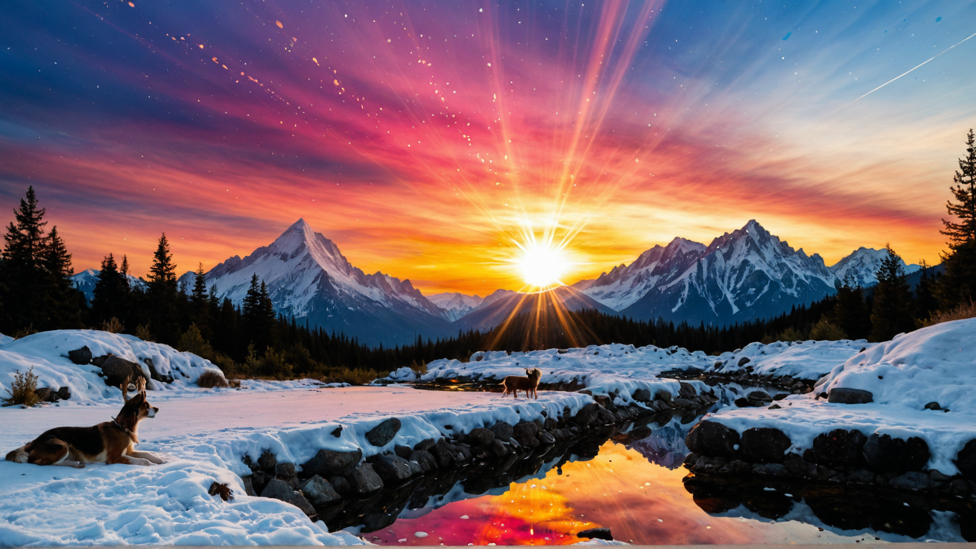 AI generated wallpaper featuring mountains, sun, dogs, river, snow, trees