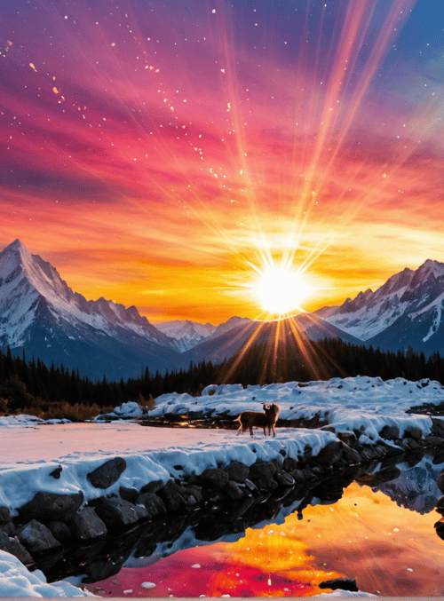 mountains, sun, dogs, river, snow, trees