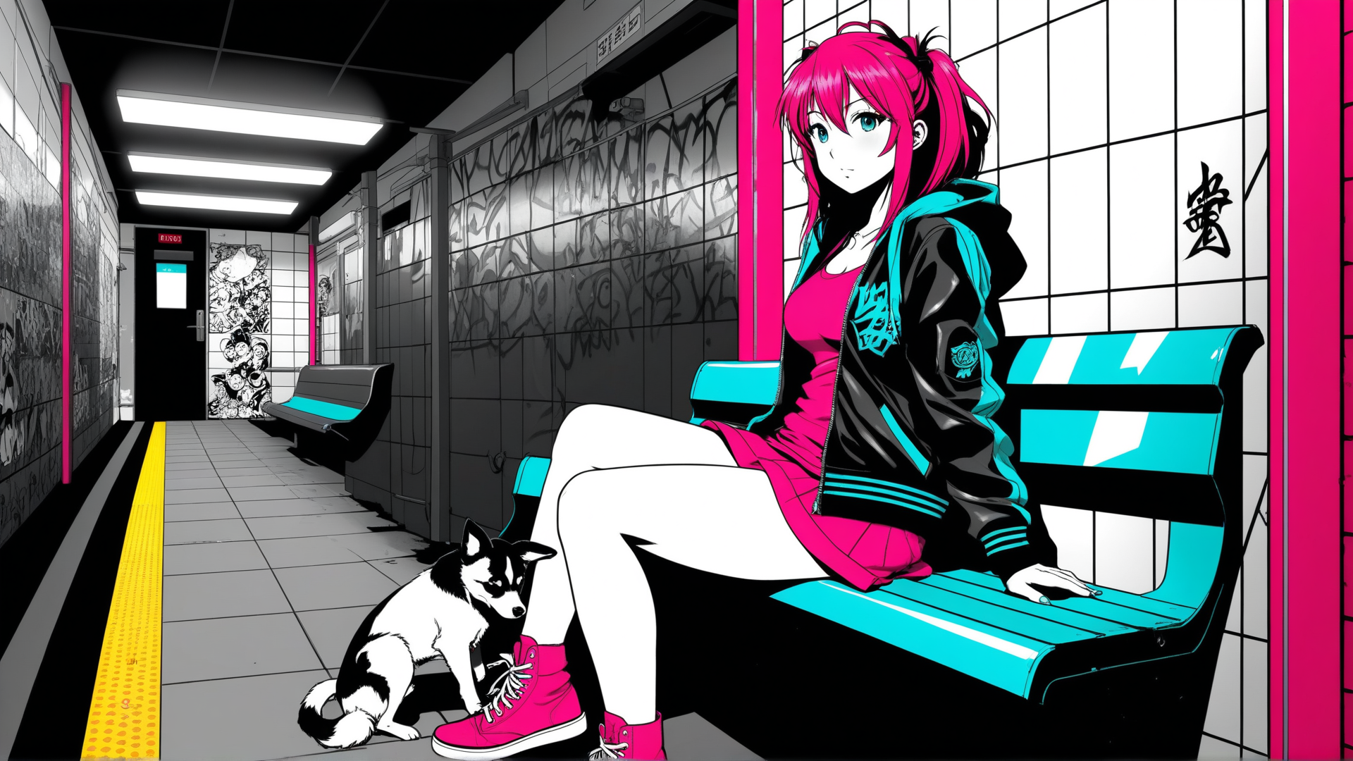 AI generated wallpaper featuring girl, dog, bench