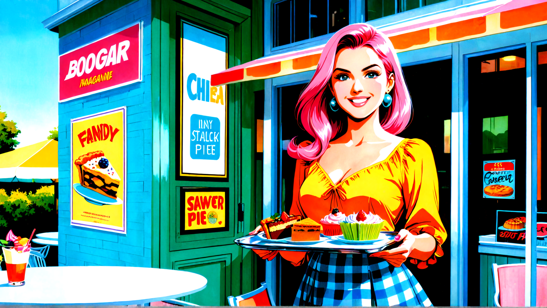 AI generated wallpaper featuring woman, pie, cupcake, dessert, tray, cafe, sign, poster, building, chair