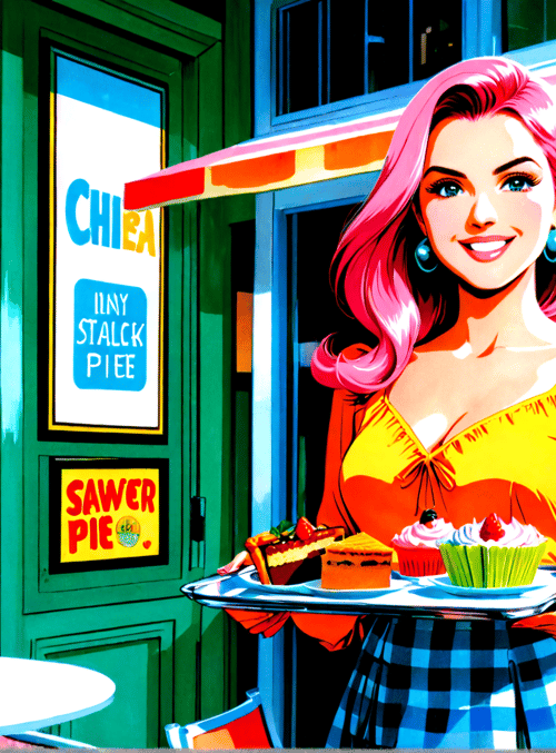 woman, pie, cupcake, dessert, tray, cafe, sign, poster, building, chair