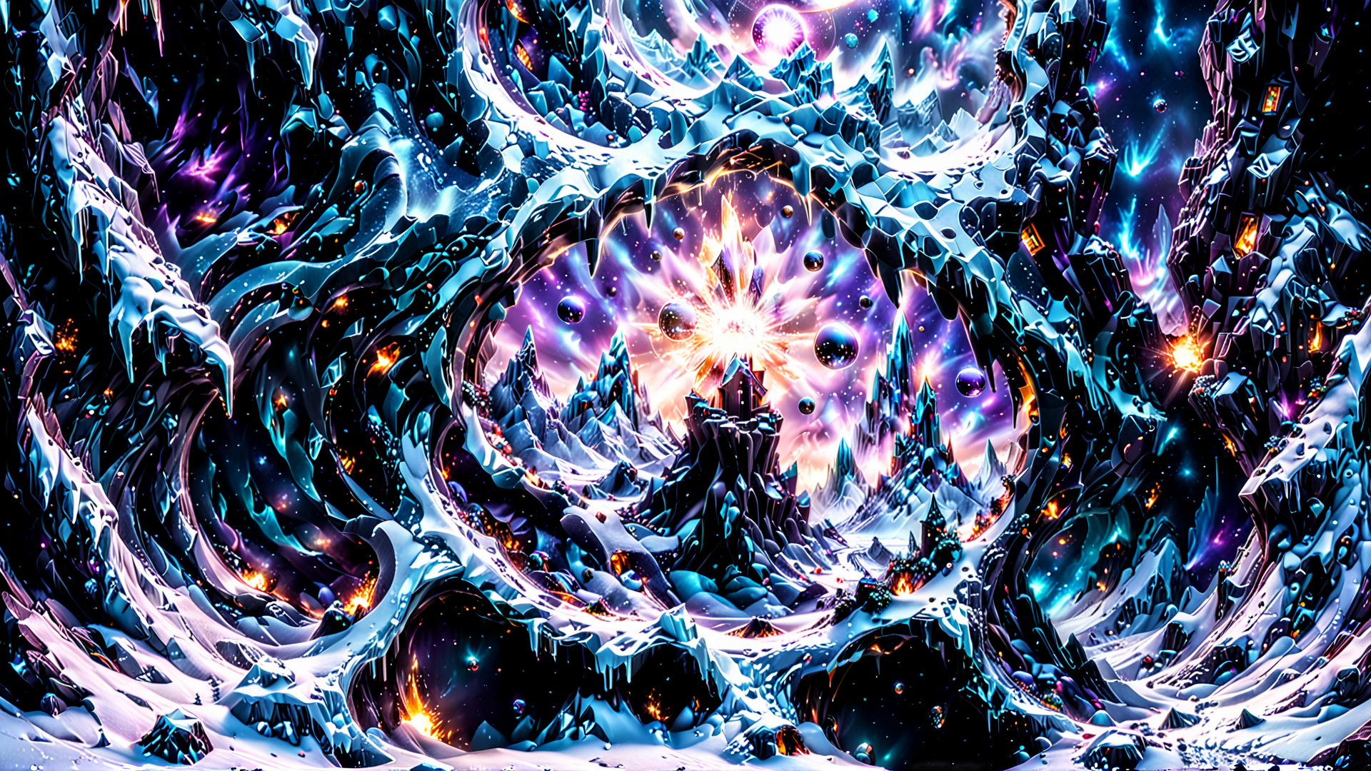 AI generated wallpaper featuring cosmic, ice, castle