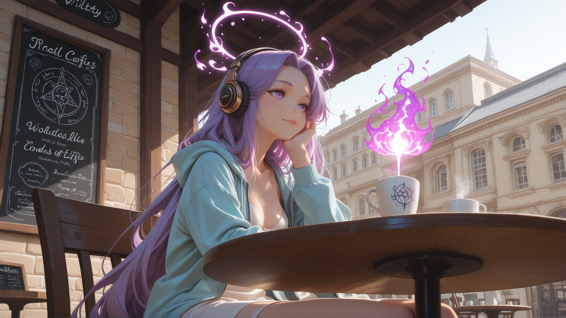 AI generated wallpaper featuring anime girl, coffee cup, headphones, cafe, building
