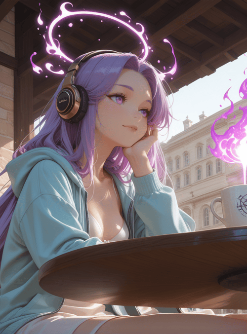 anime girl, coffee cup, headphones, cafe, building