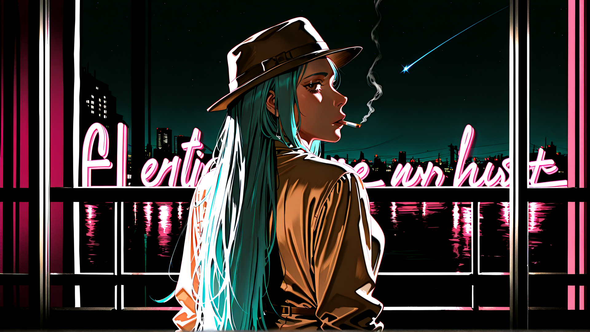 AI generated wallpaper featuring woman, hat, cigarette, neon, cityscape