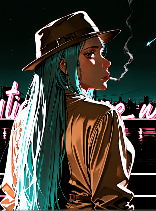 woman, hat, cigarette, neon, cityscape