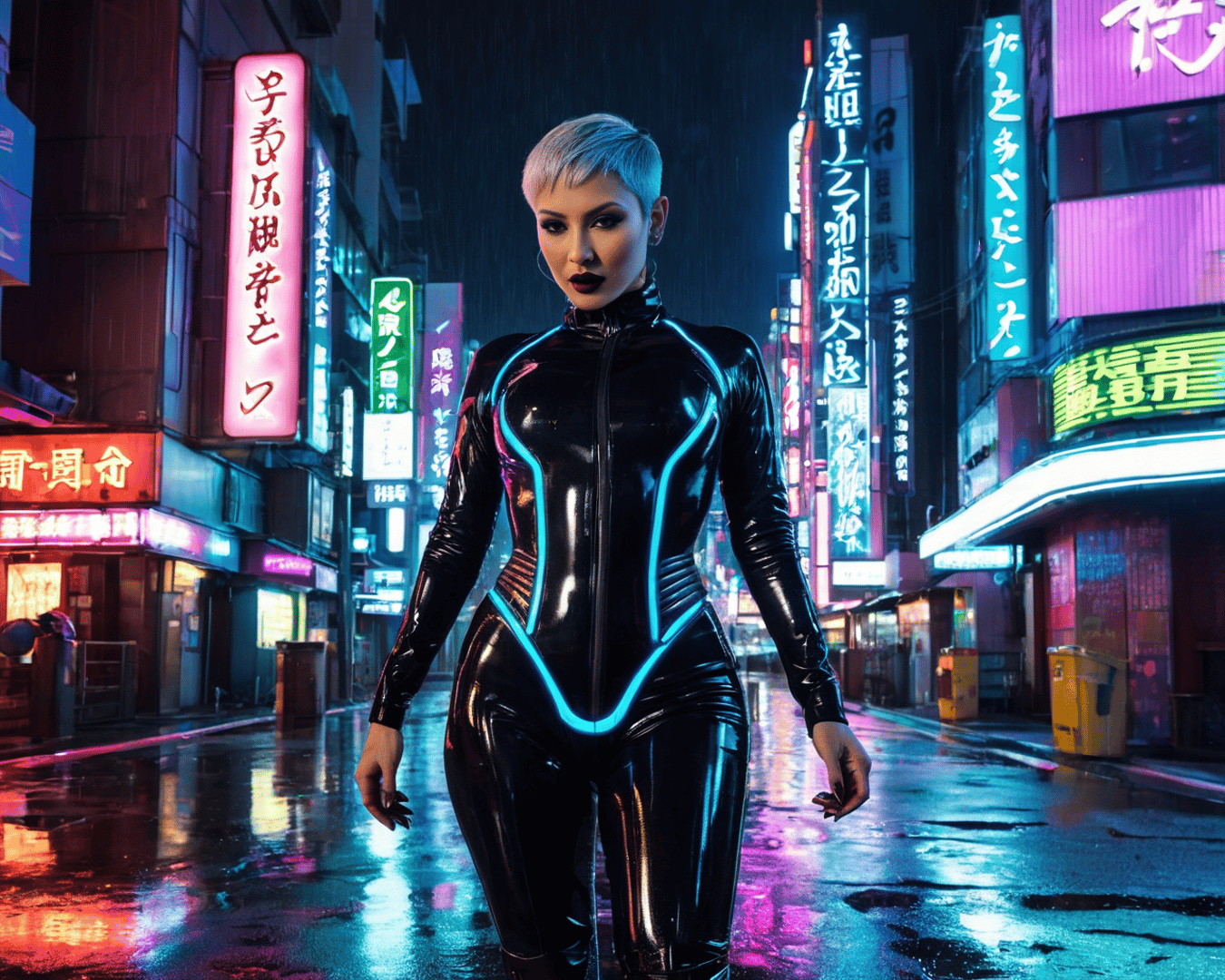 AI generated wallpaper featuring cyborg, woman, neon