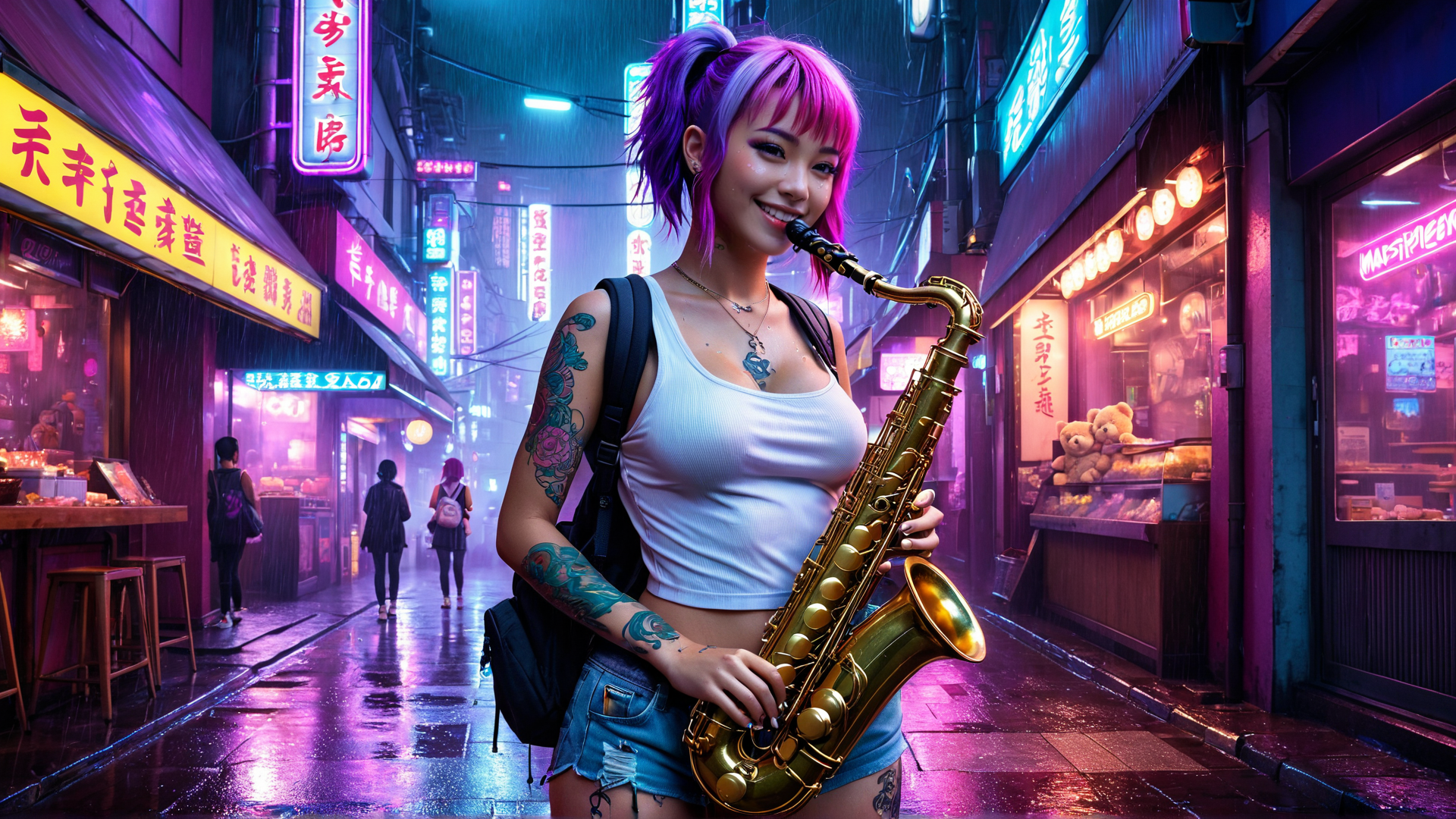 AI generated wallpaper featuring girl, saxophone, alley