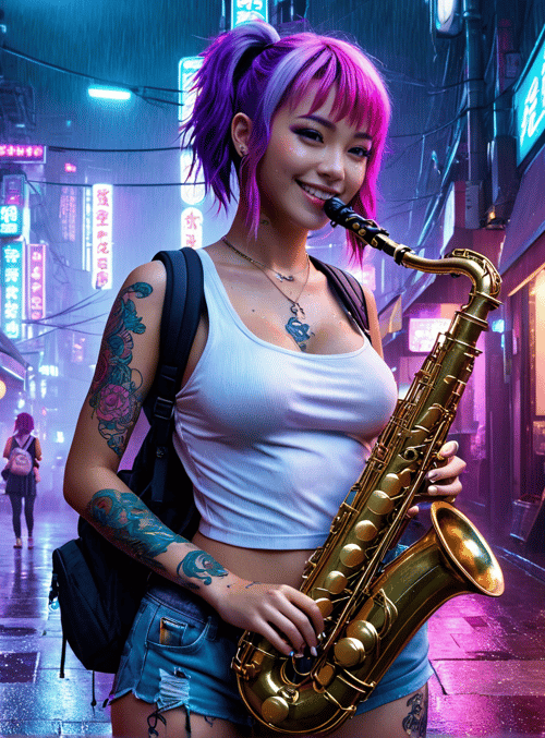 girl, saxophone, alley