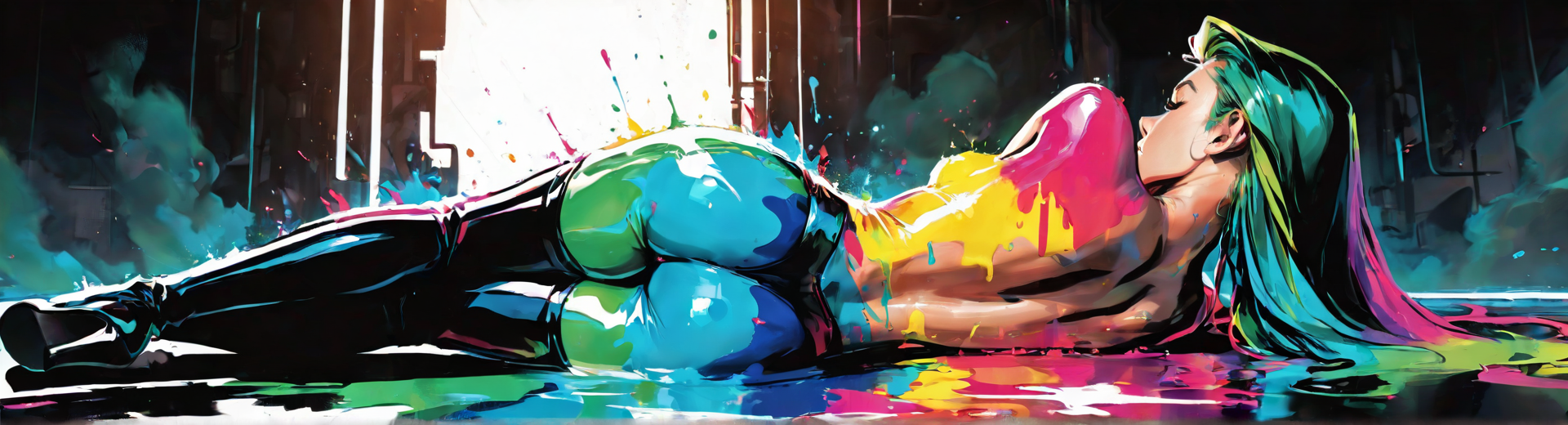 AI generated wallpaper featuring woman, paint, sneakers, cityscape