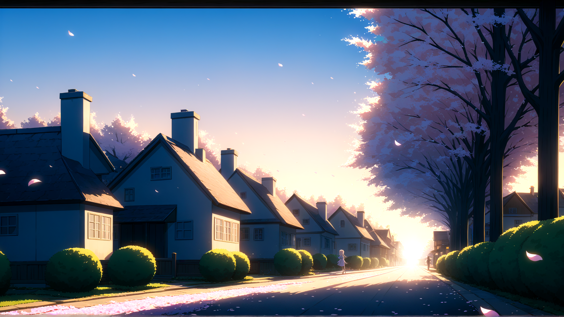 AI generated wallpaper featuring girl, houses, trees