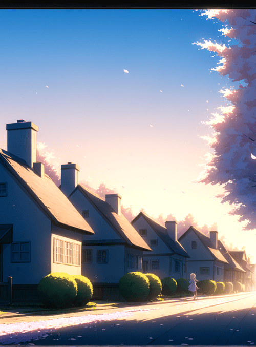 girl, houses, trees
