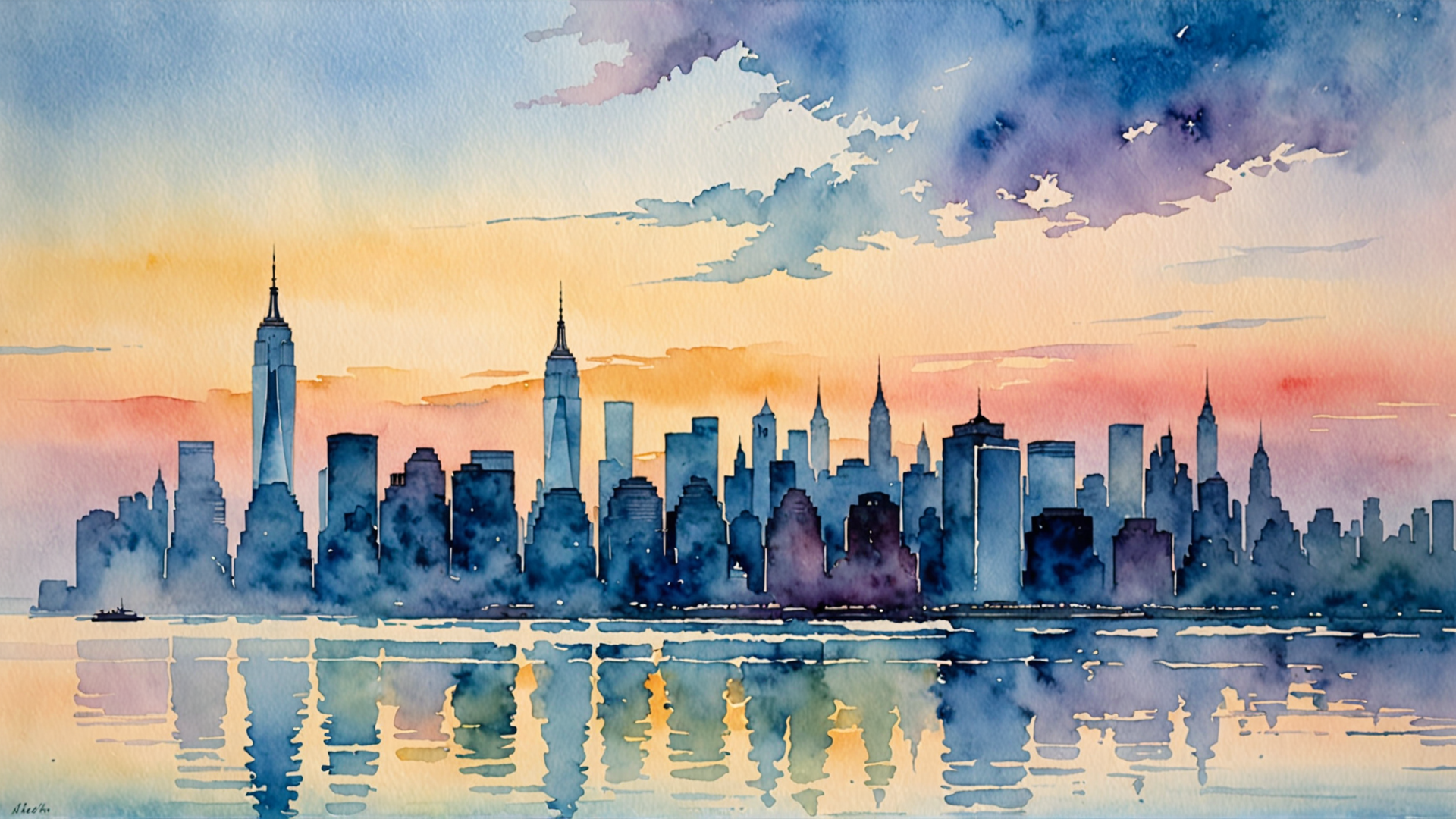 AI generated wallpaper featuring city, skyscrapers, water, reflection, sunset