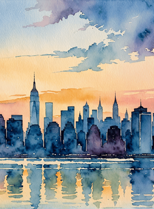 city, skyscrapers, water, reflection, sunset