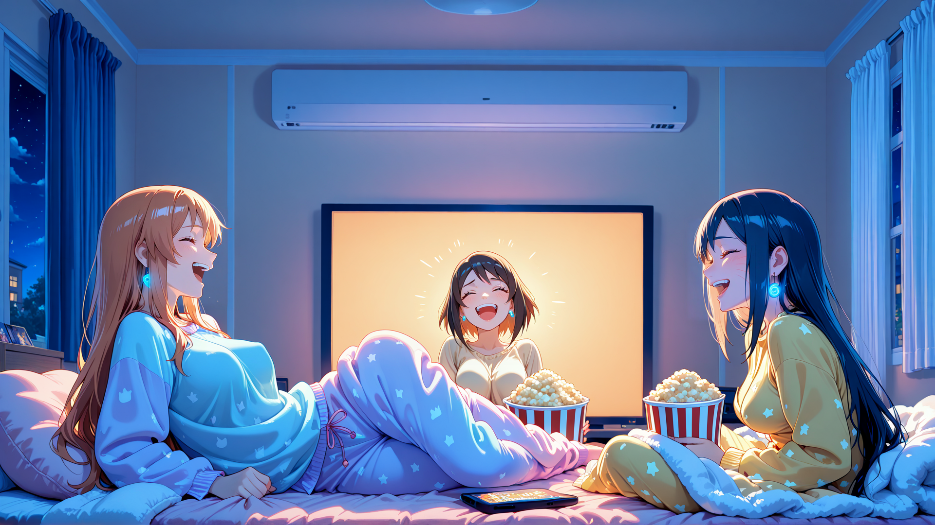 AI generated wallpaper featuring girls, popcorn, tv