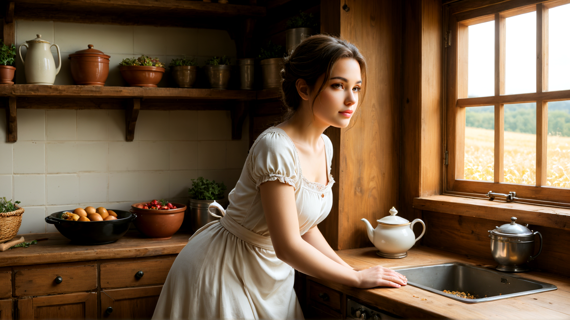 AI generated wallpaper featuring woman, kitchen, sink, teapot, bowl, fruits, plants, shelves, window, field
