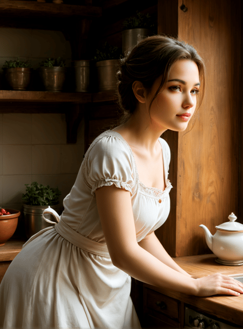 woman, kitchen, sink, teapot, bowl, fruits, plants, shelves, window, field