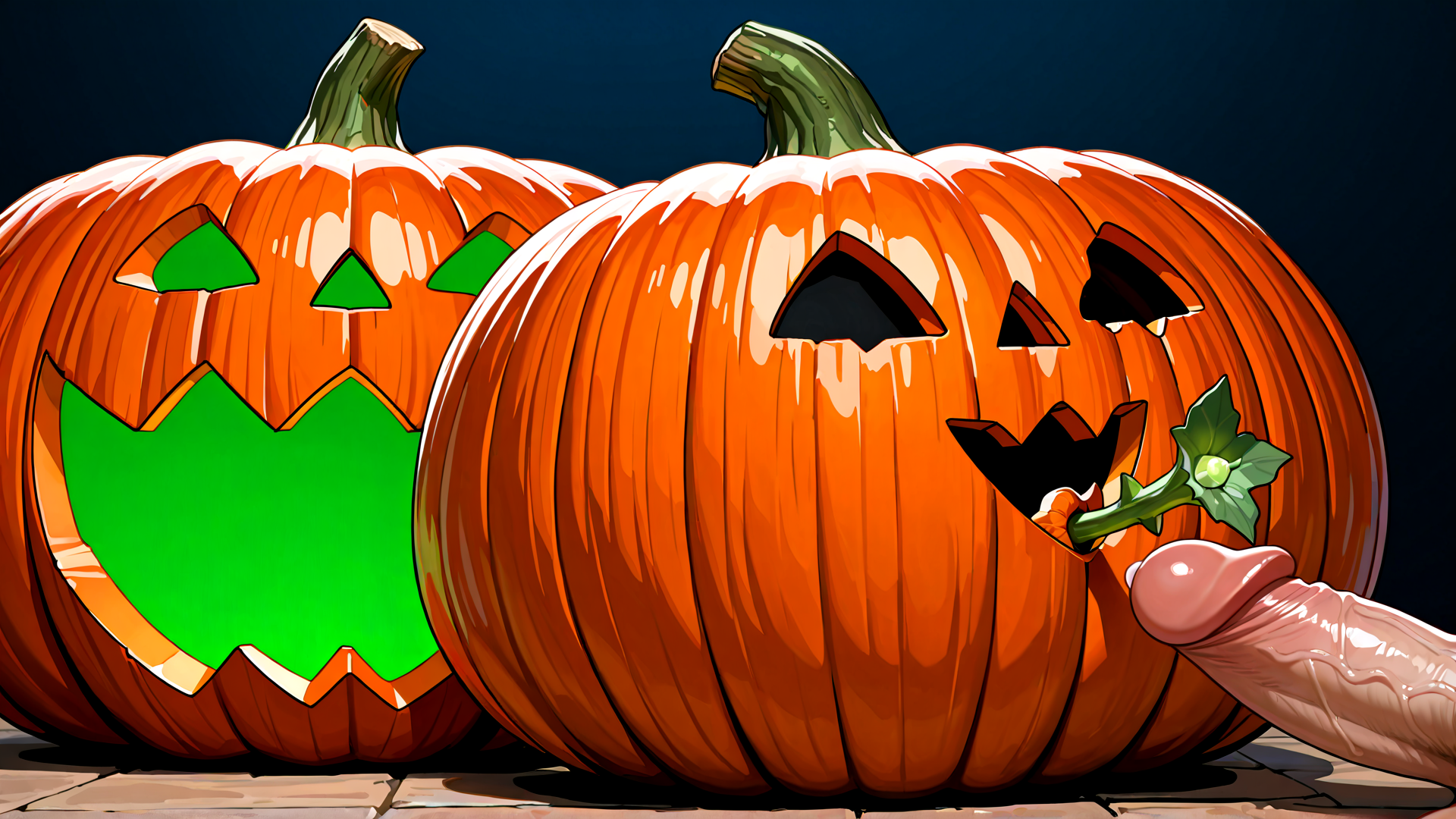 AI generated wallpaper featuring pumpkin, jack-o'-lantern, hand, tomato, leaf