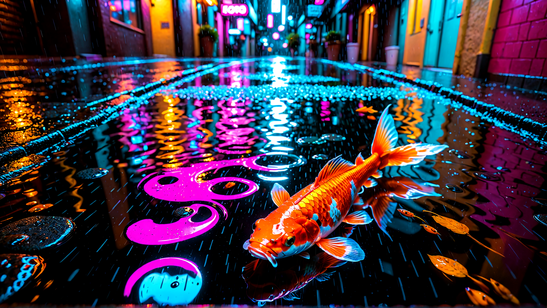 AI generated wallpaper featuring koi fish, rain, alley, neon lights, reflections, leaves, yin-yang, pavement, signs, water