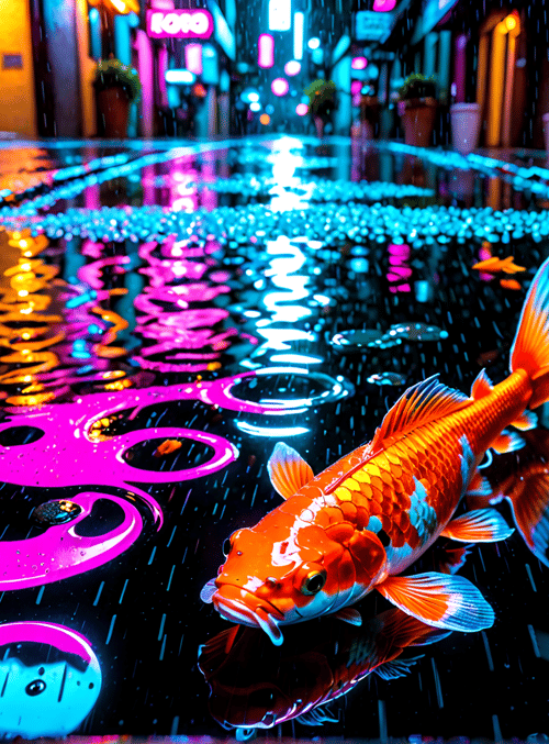 koi fish, rain, alley, neon lights, reflections, leaves, yin-yang, pavement, signs, water