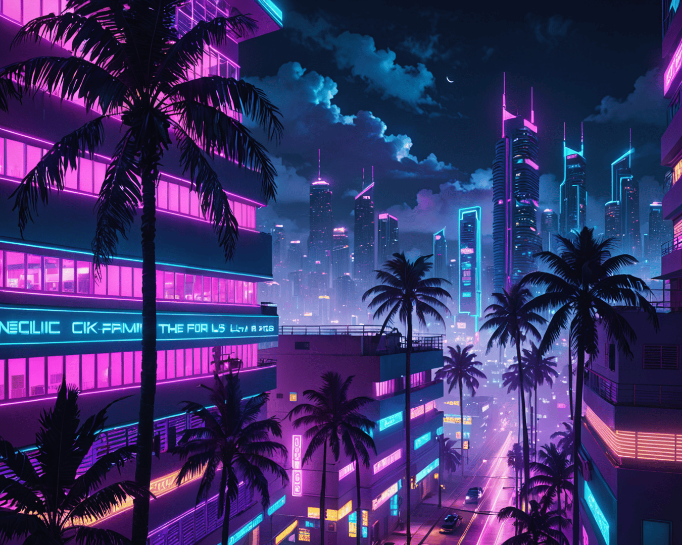 AI generated wallpaper featuring city, palm trees, neon lights