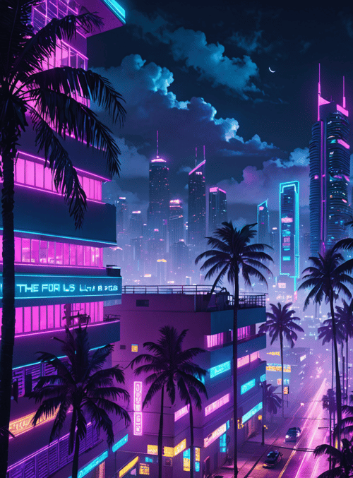 city, palm trees, neon lights
