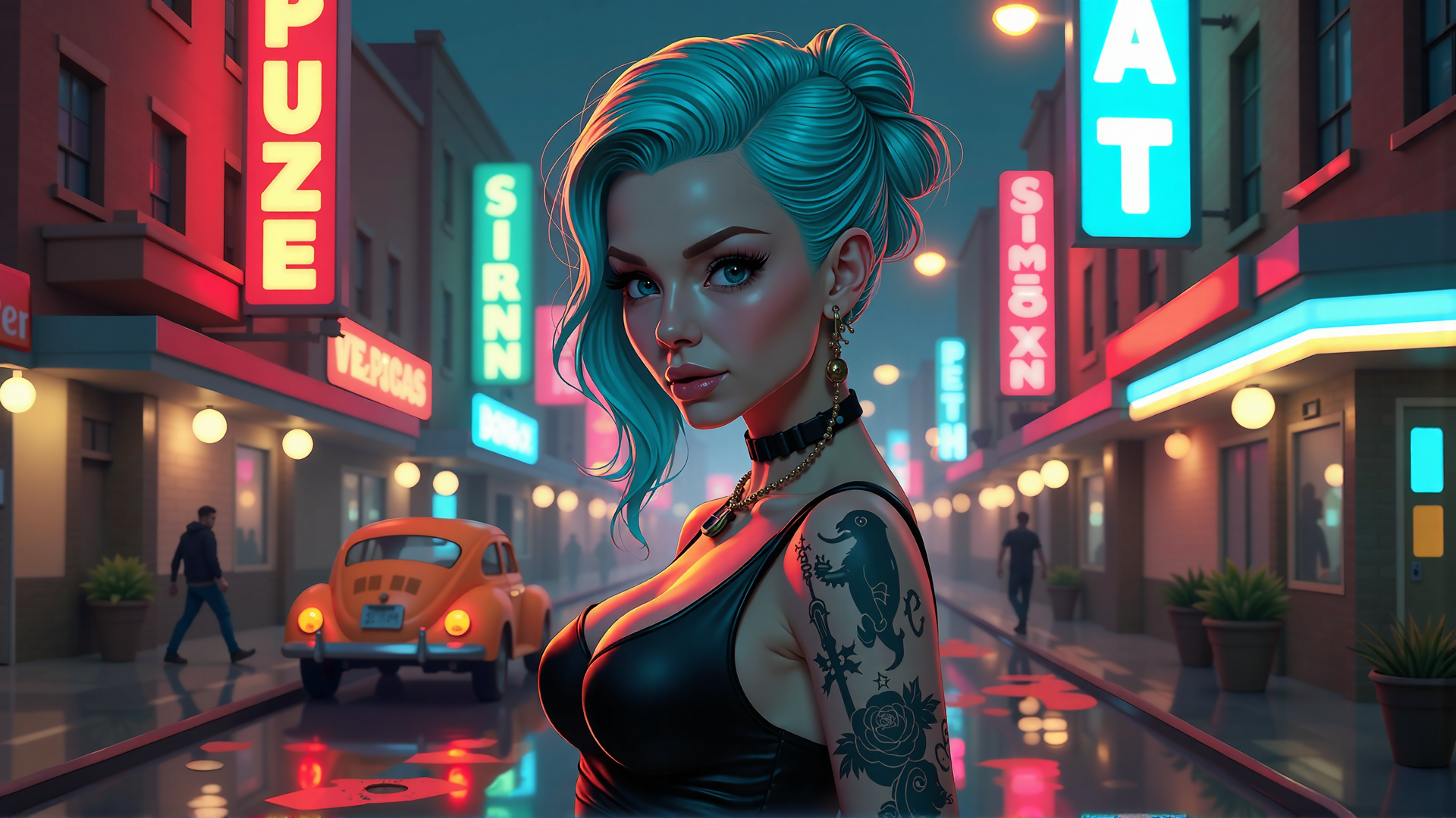 AI generated wallpaper featuring woman, neon, city, tattoo, car, signs, street, buildings, plants, lights