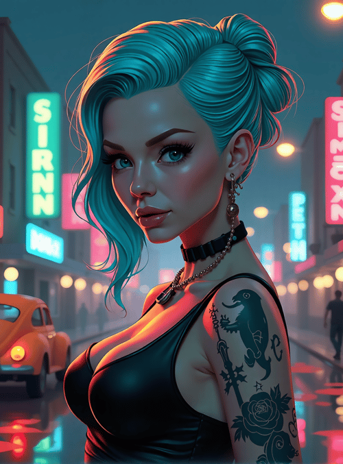 woman, neon, city, tattoo, car, signs, street, buildings, plants, lights