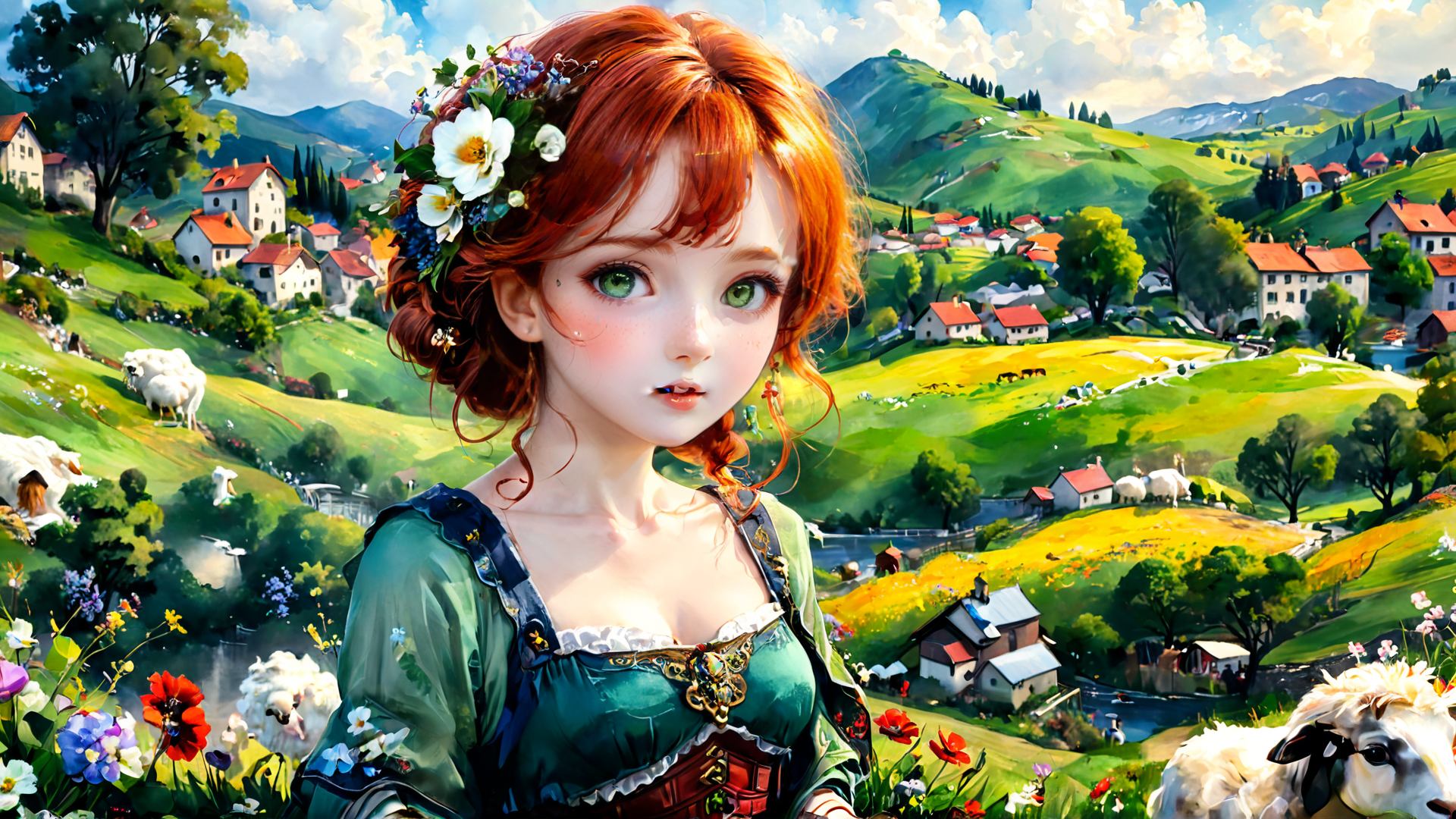 AI generated wallpaper featuring girl, sheep, flowers