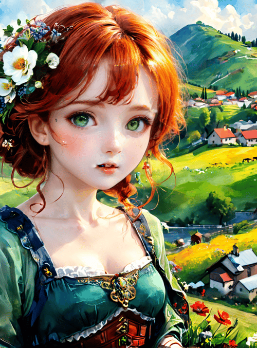 girl, sheep, flowers