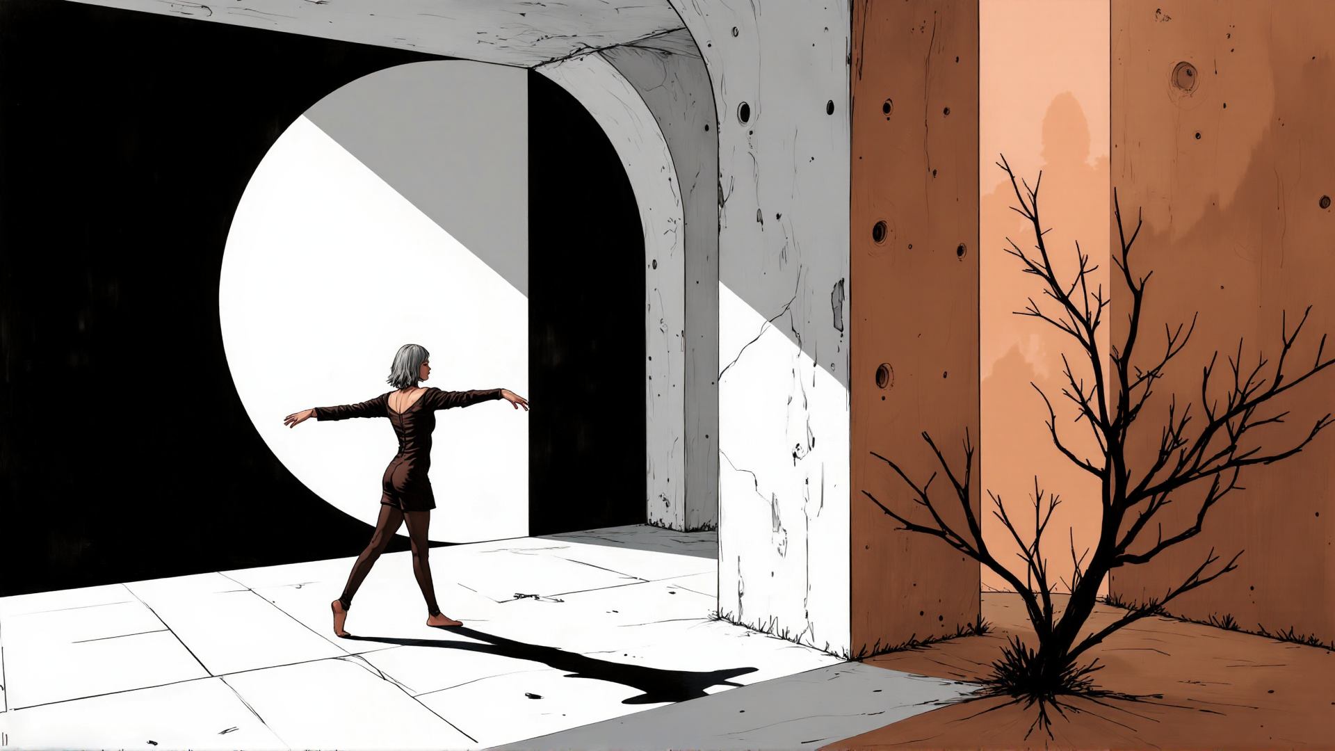 AI generated wallpaper featuring woman, tree, archway, building