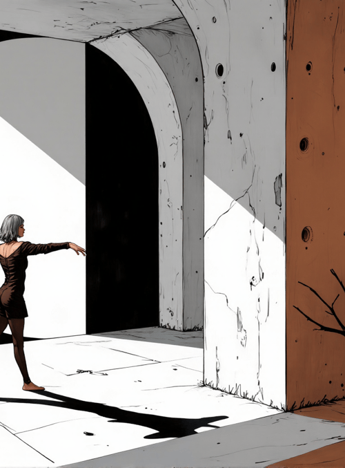 woman, tree, archway, building