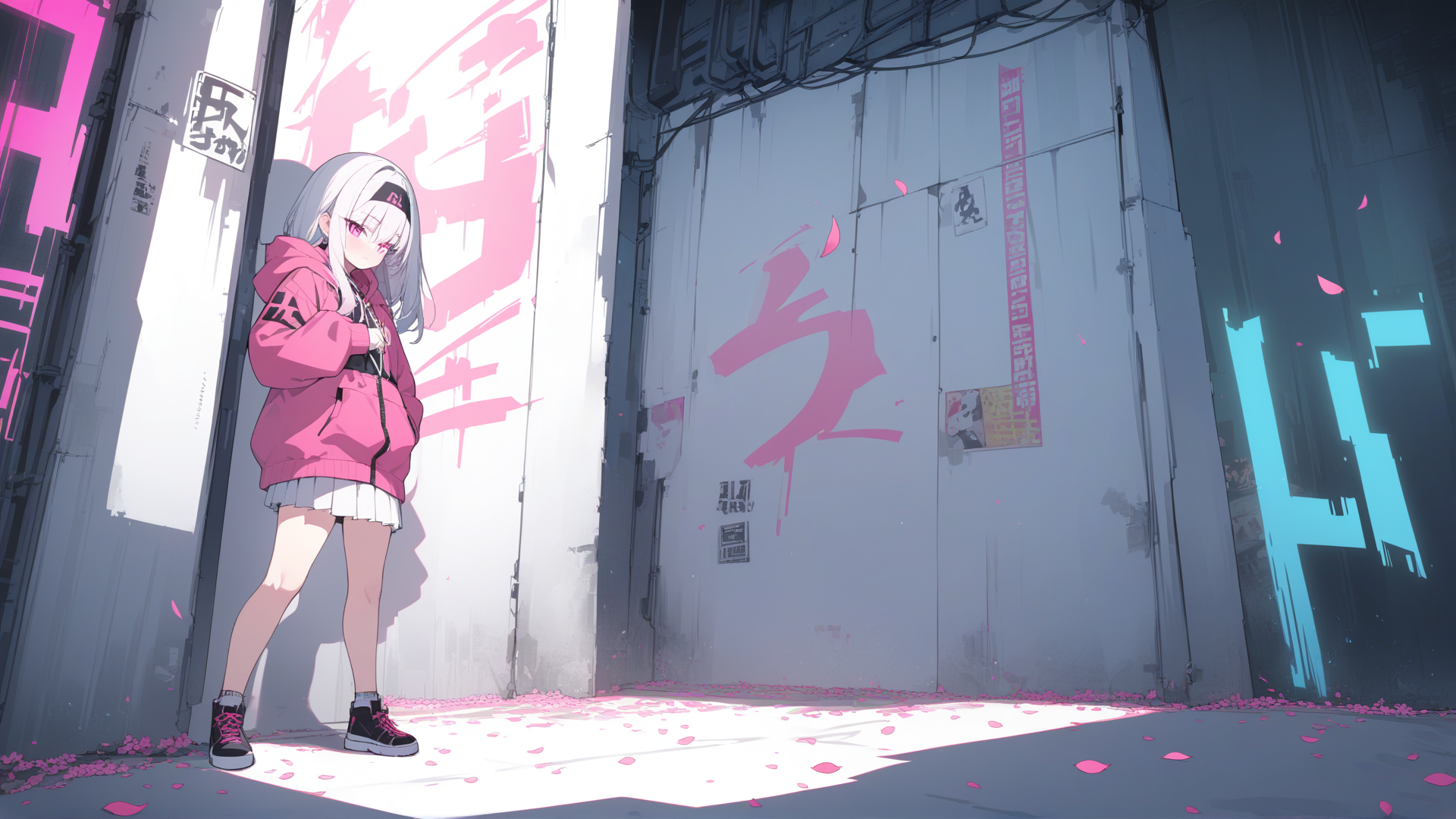 AI generated wallpaper featuring girl, city, alley