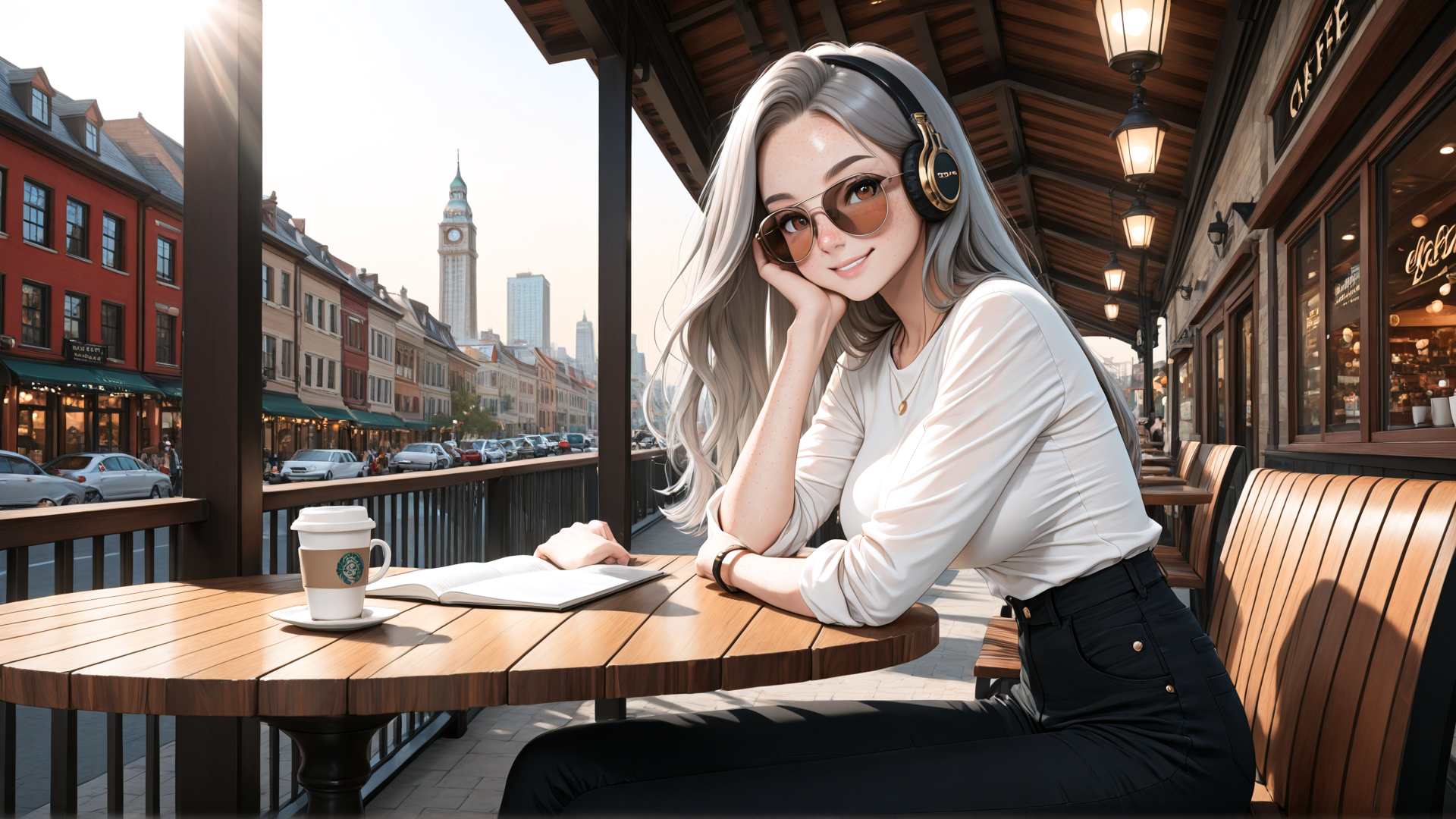 AI generated wallpaper featuring woman, coffee, book, headphones, cafe