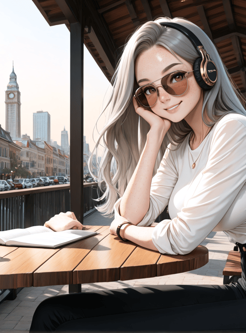 woman, coffee, book, headphones, cafe