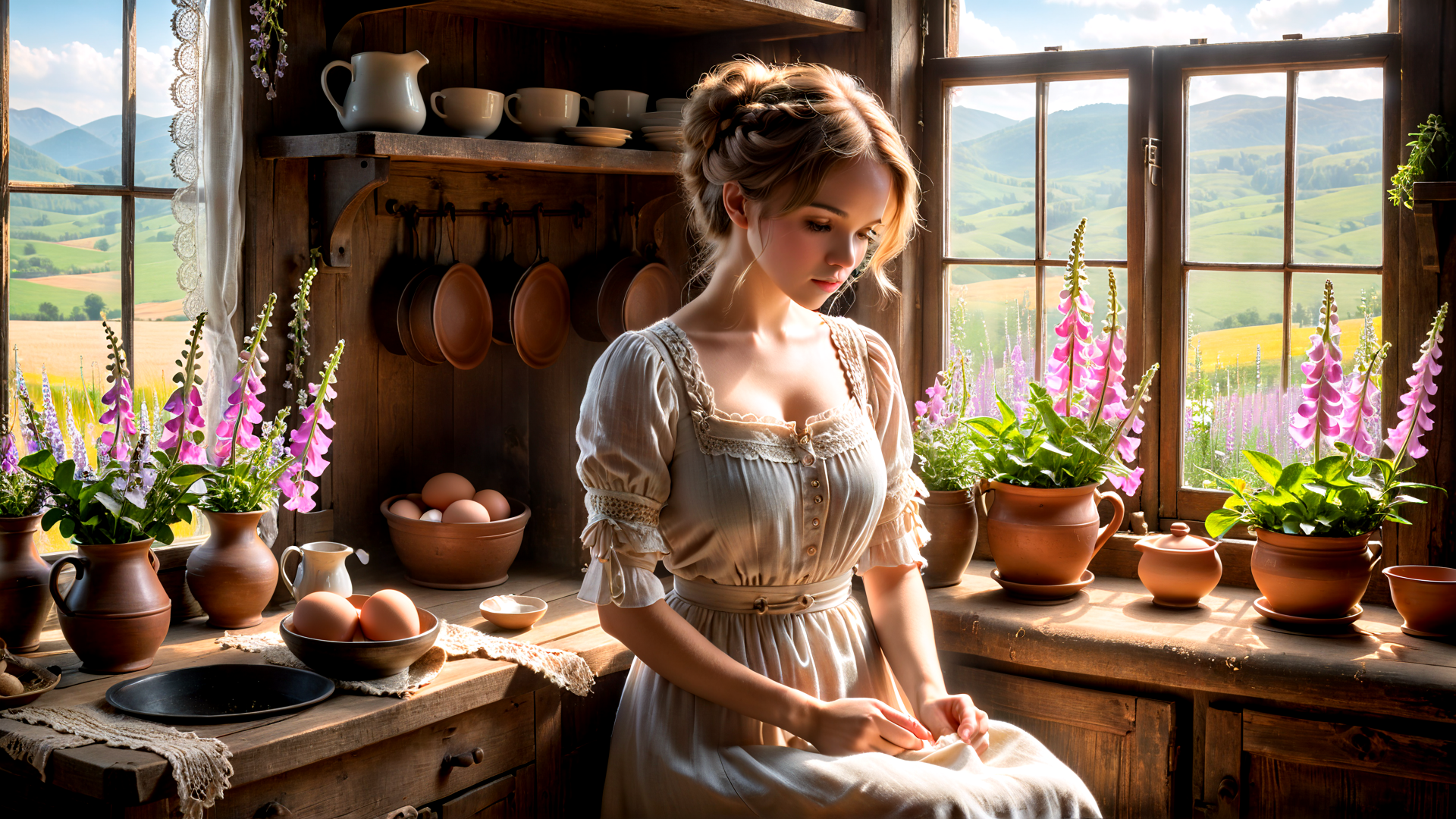 AI generated wallpaper featuring woman, kitchen, flowers, eggs, pots, mugs, window, mountains, dress, wood