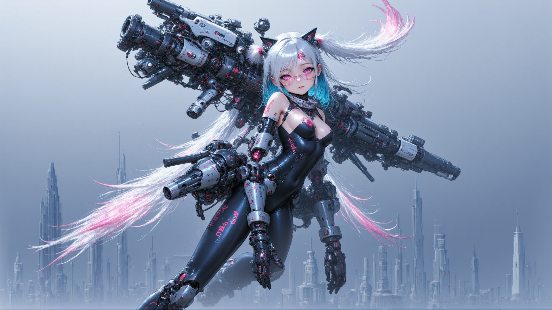 AI generated wallpaper featuring cyborg, girl, mecha, weapon, robot, cat ears, pigtails, goggles, cityscape, futurism