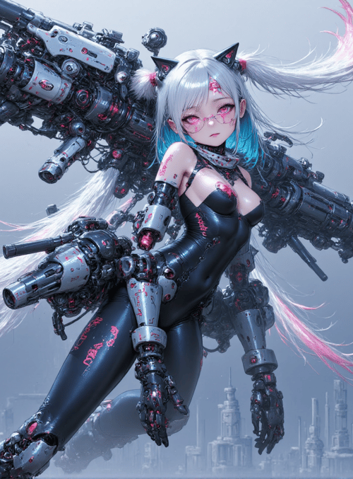cyborg, girl, mecha, weapon, robot, cat ears, pigtails, goggles, cityscape, futurism