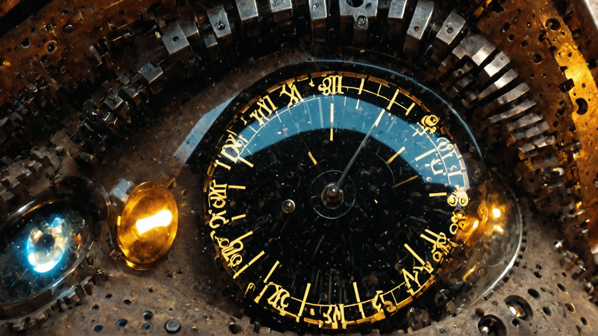 AI generated wallpaper featuring clock, gears, mechanism, dials, roman numerals, clockwork, metal, components, clock face, engines