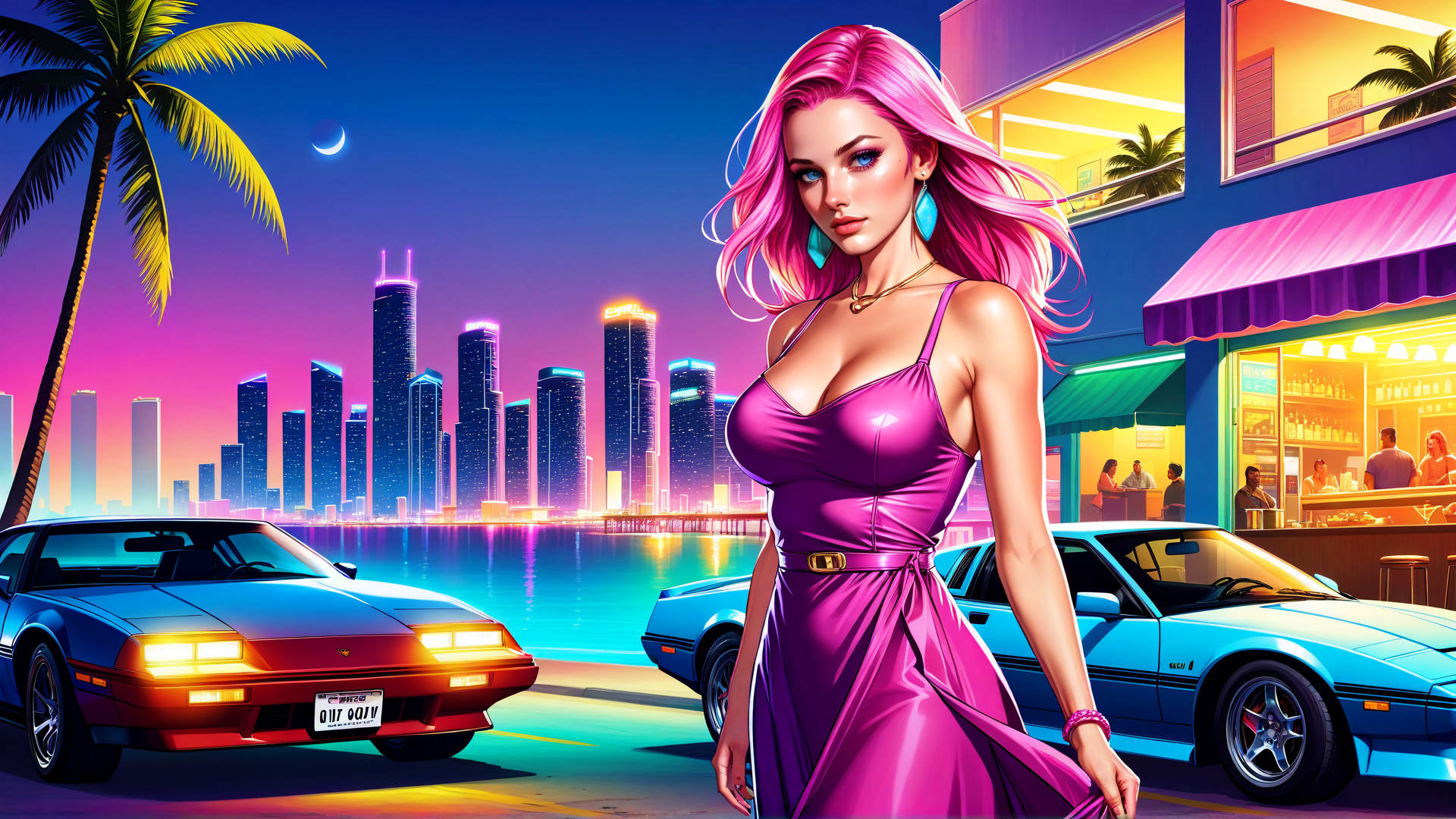 AI generated wallpaper featuring woman, car, cityscape, palm tree, bar