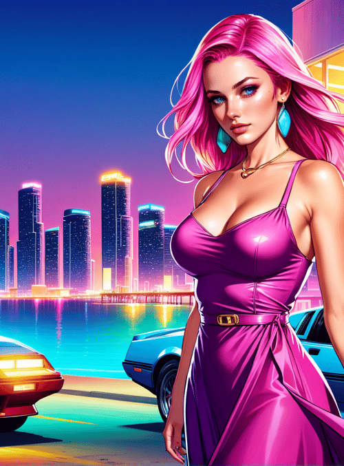 woman, car, cityscape, palm tree, bar