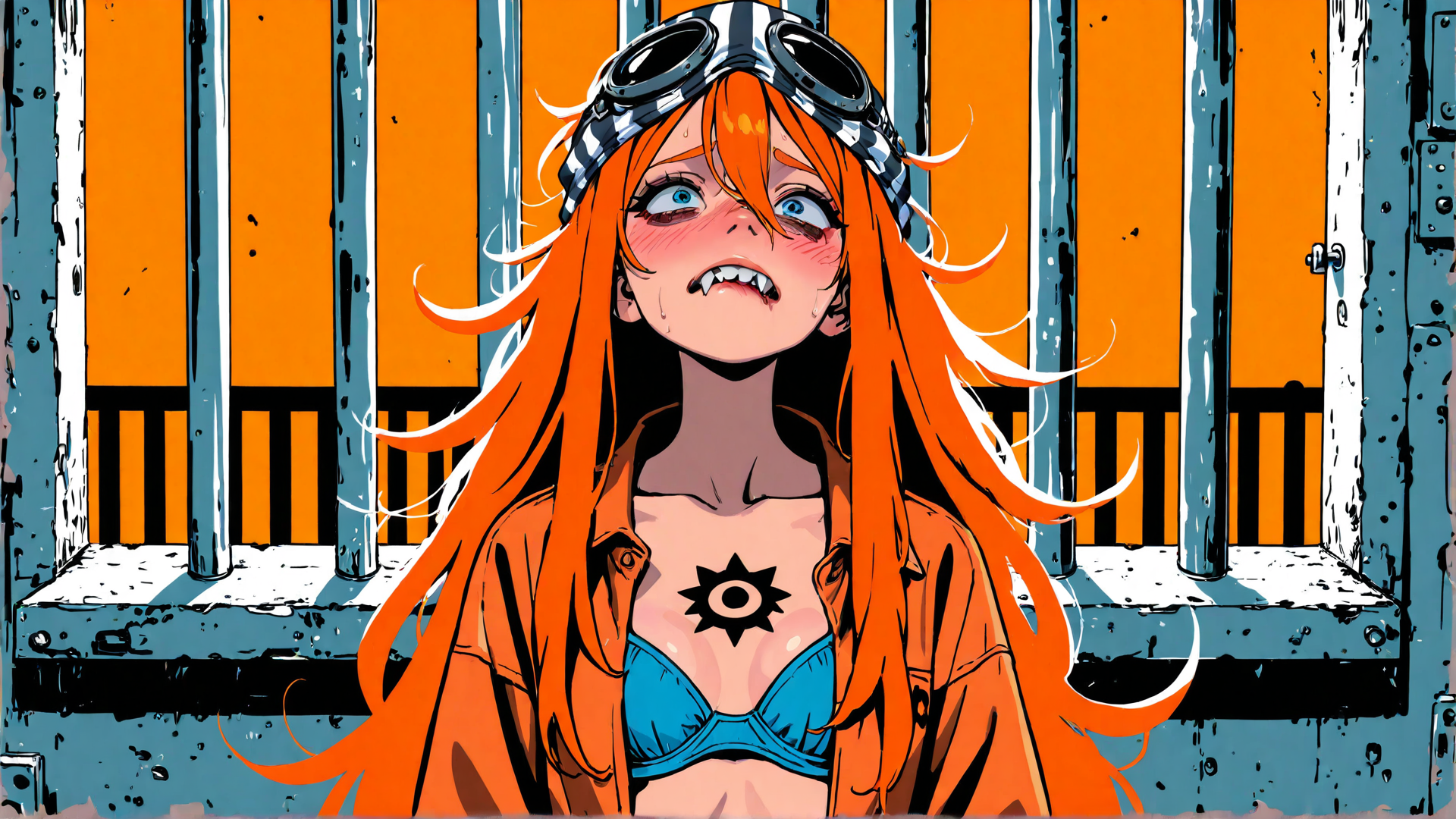 AI generated wallpaper featuring woman, goggles, orange hair, bra, jacket