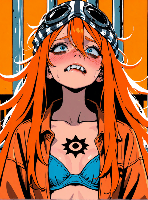 woman, goggles, orange hair, bra, jacket