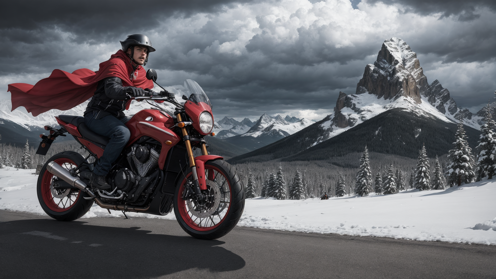 AI generated wallpaper featuring motorcyclist, motorcycle, mountains