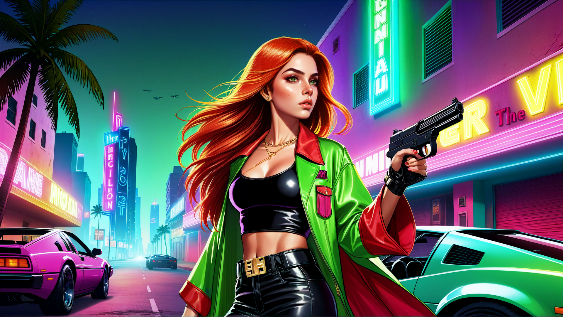 AI generated wallpaper featuring woman, gun, car, neon, palm tree