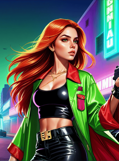 woman, gun, car, neon, palm tree