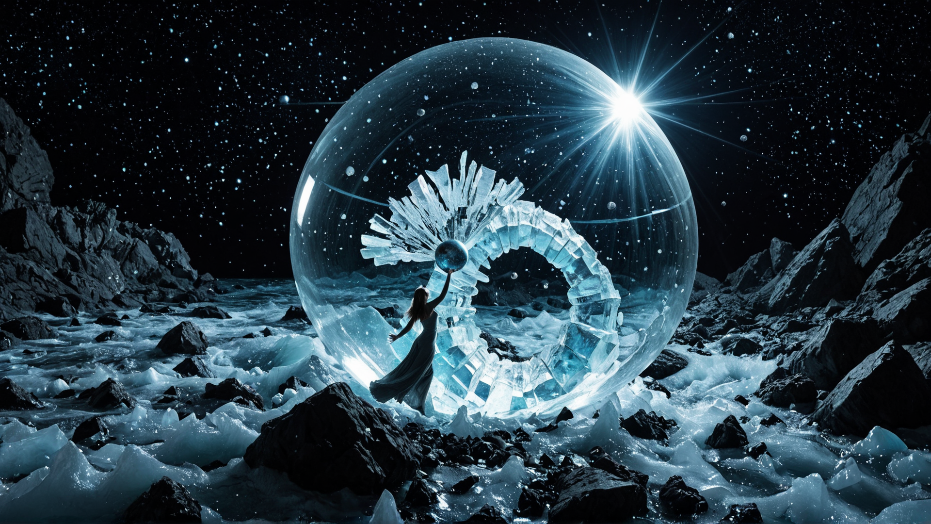 AI generated wallpaper featuring woman, ice sphere, crystal ring