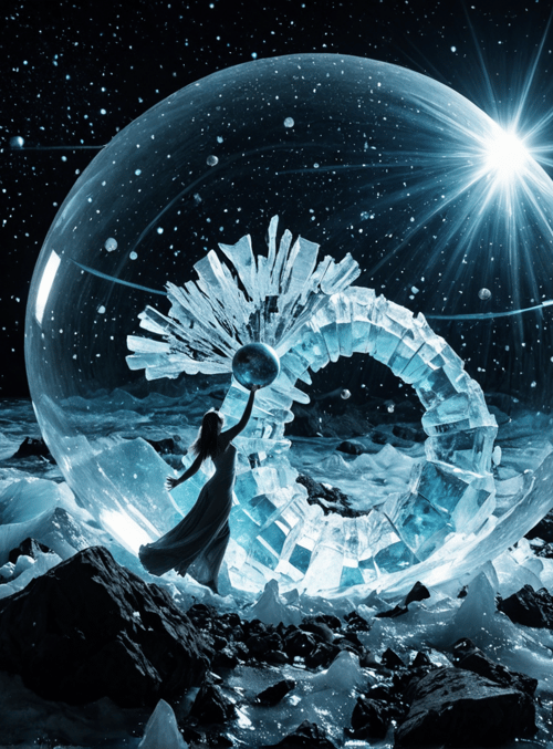 woman, ice sphere, crystal ring